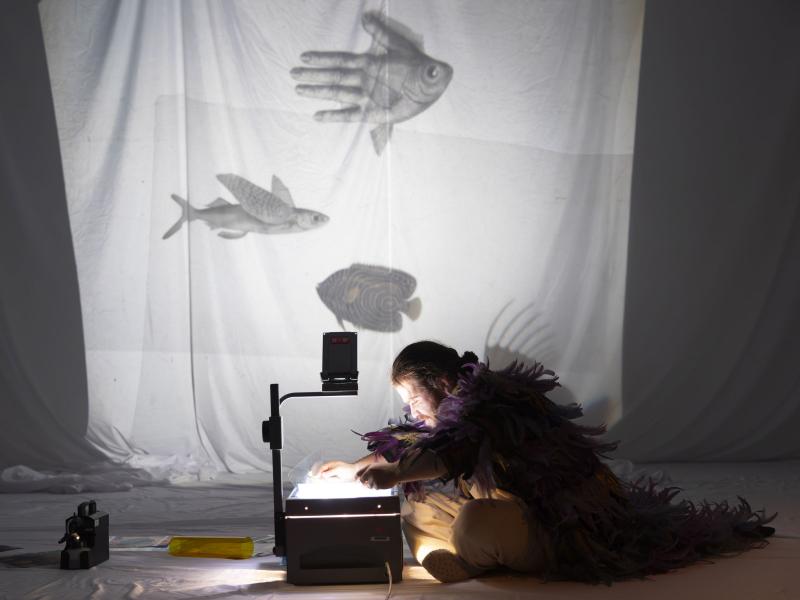 Parsa Yaghoubi Pour sitzt auf dem Boden und legt eine Folie auf einen Overheadprojektor. Das Bild, das dadurch an ein weißes Tuch im Hintergrund projiziert wird, zeigt zwei Fische und ein Gemisch aus Fisch und Hand. Parsa trägt einen langen Federumhang.