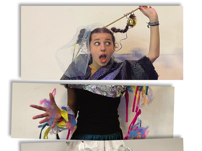 Das Bild zeigt eine Person von der Hüfte aufwärts in bunten Klamotten