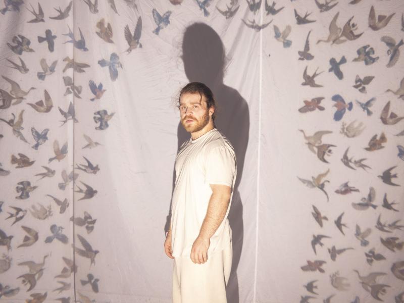 Parsa Yaghoubi Pour steht vor einem weißen Tuch, auf das viele kleine Vögel projiziert werden. Er steht so, dass ihn die Vögel umringen. 
