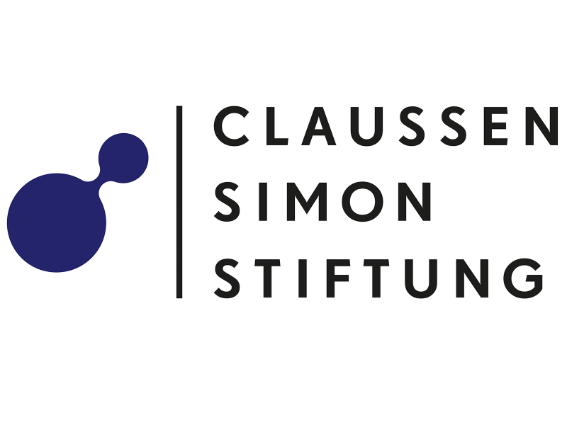 Das Bild zeigt das Logo der Claussen-Simon-Stiftung: links zwei blaue, unterschiedliche große Kreise, rechts davon der Name der Stiftung