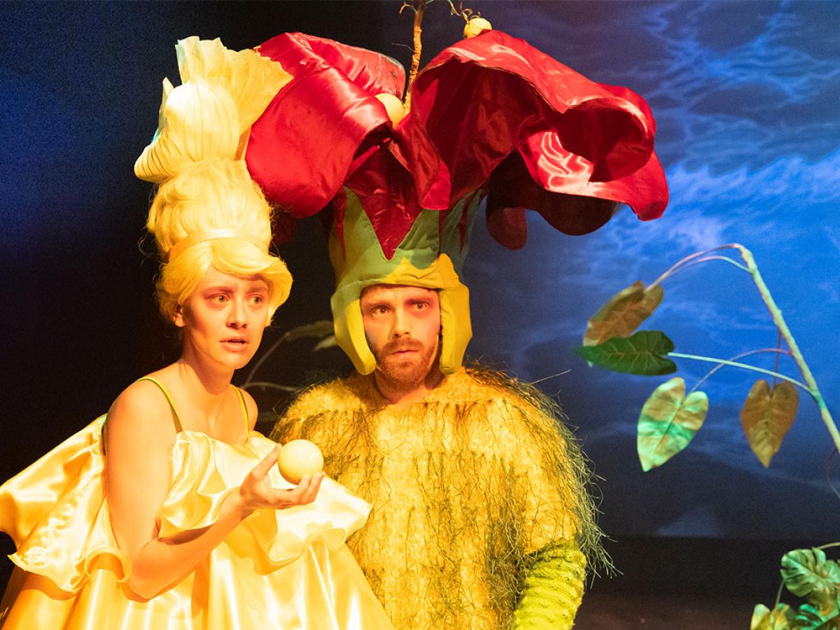 Das Bild zeigt zwei Schauspieler*innen in gelben, blumenartigen Kostümen: Alicja Rosinski und Kilian Prigge