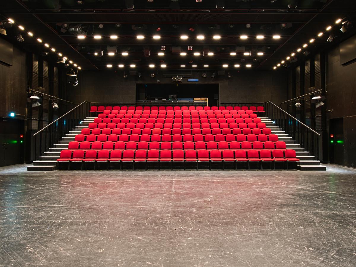 Zu sehen ist die Große Bühne im Jungen Schauspielhaus. Es handelt sich um einen schwarzgehaltenen Bühnenraum mit einer Beleuchtungseinrichtung und einer Zuschauertribüne mit roten Sitzen.